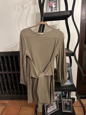 Front-Tie Long Sleeve Dress in Olive Tan